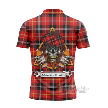 Majoribanks Tartan Zipper Polo Shirt with Family Crest and Bearded Skull Holding Bottles of Whiskey - Tartan Vibes Clothing