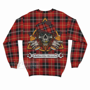 Majoribanks Tartan Sweatshirt with Family Crest and Bearded Skull Holding Bottles of Whiskey - Tartan Vibes Clothing