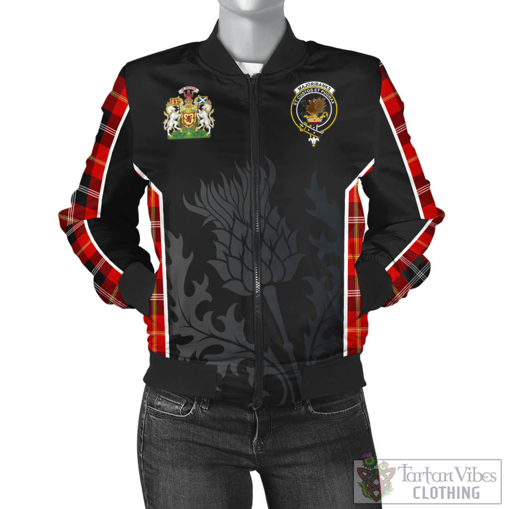 Tartan Vibes Clothing Majoribanks Tartan Bomber Jacket with Family Crest and Scottish Thistle Vibes Sport Style