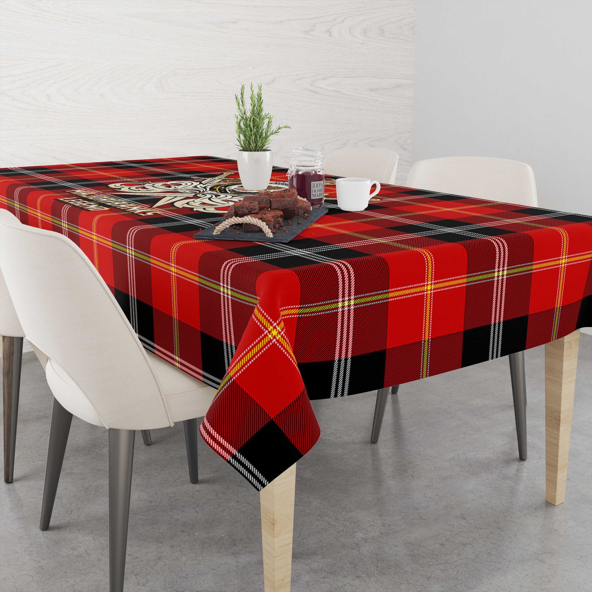 Tartan Vibes Clothing Majoribanks Tartan Tablecloth with Clan Crest and the Golden Sword of Courageous Legacy