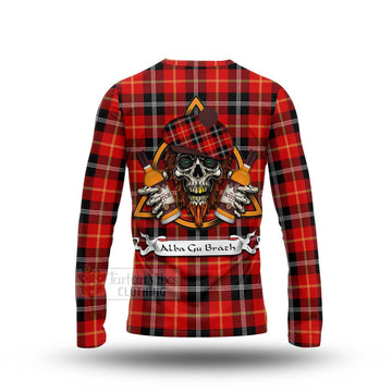 Majoribanks Tartan Long Sleeve T-Shirt with Family Crest and Bearded Skull Holding Bottles of Whiskey - Tartan Vibes Clothing