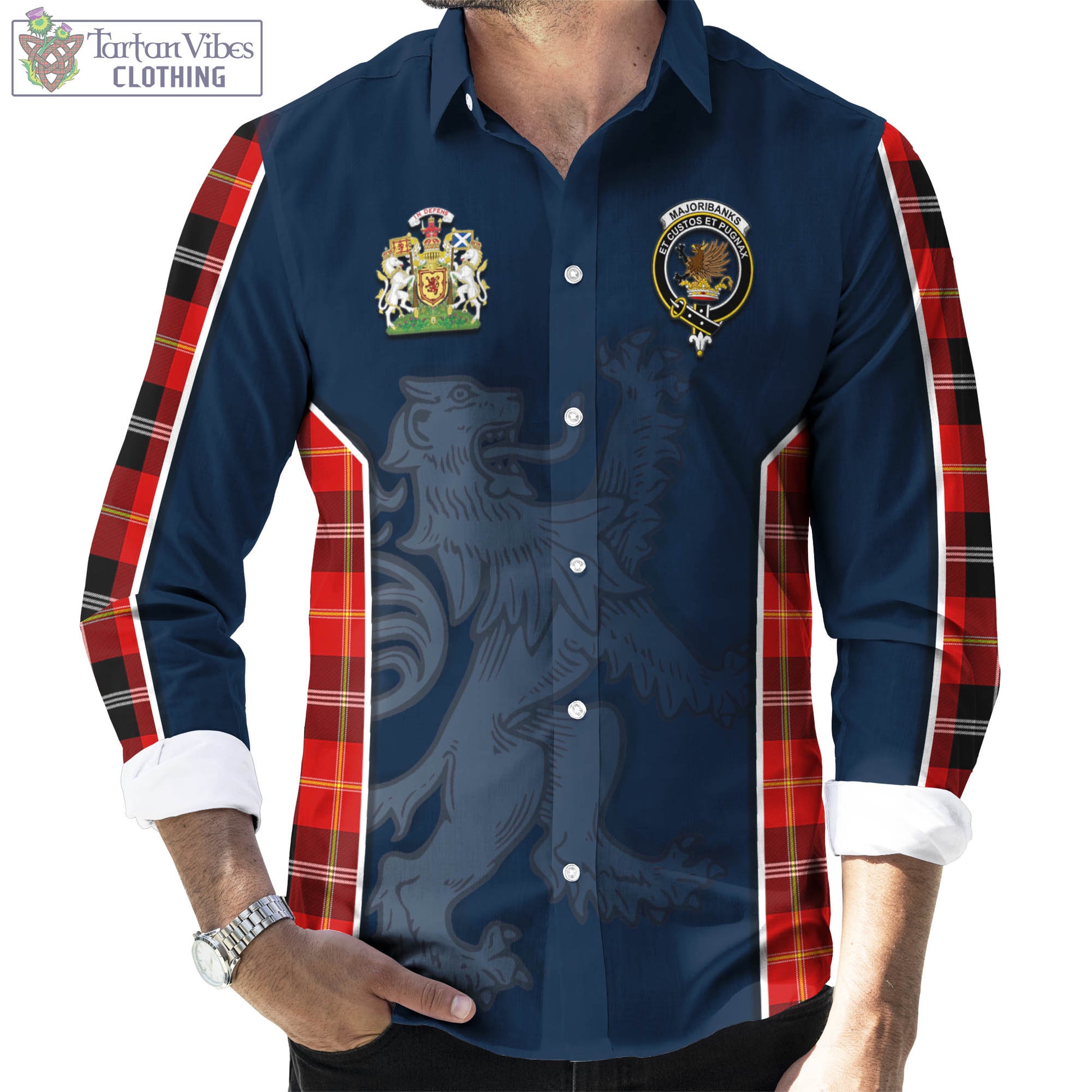 Tartan Vibes Clothing Majoribanks Tartan Long Sleeve Button Up Shirt with Family Crest and Lion Rampant Vibes Sport Style