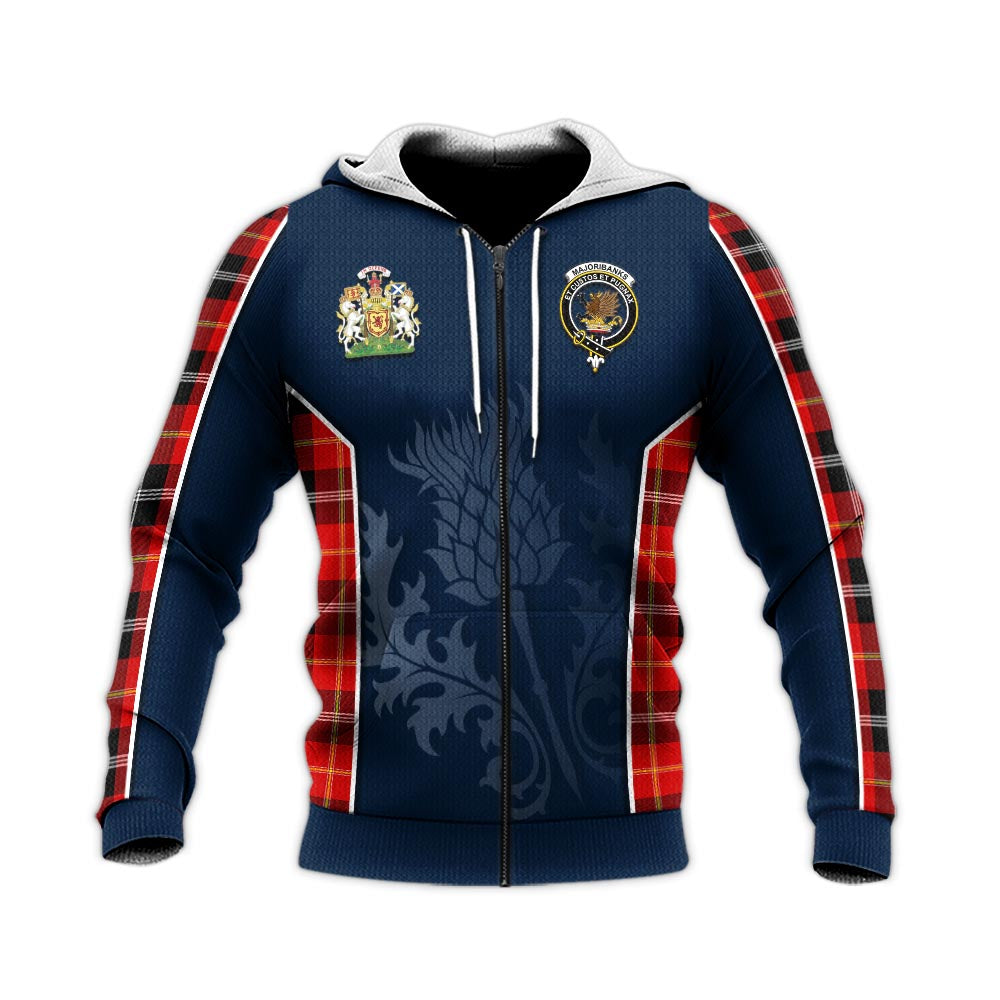 Tartan Vibes Clothing Majoribanks Tartan Knitted Hoodie with Family Crest and Scottish Thistle Vibes Sport Style