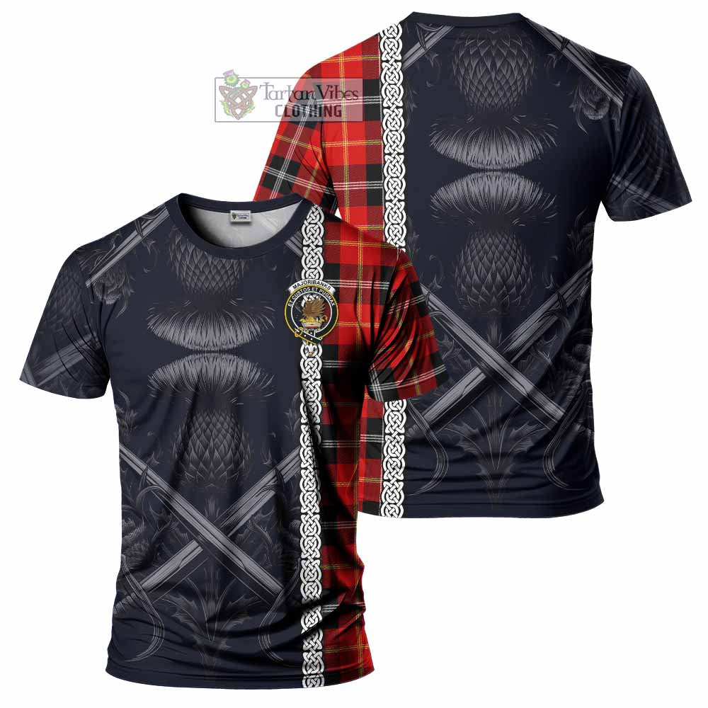 Tartan Vibes Clothing Majoribanks Tartan T-Shirt with Family Crest Cross Sword Thistle Celtic Vibes