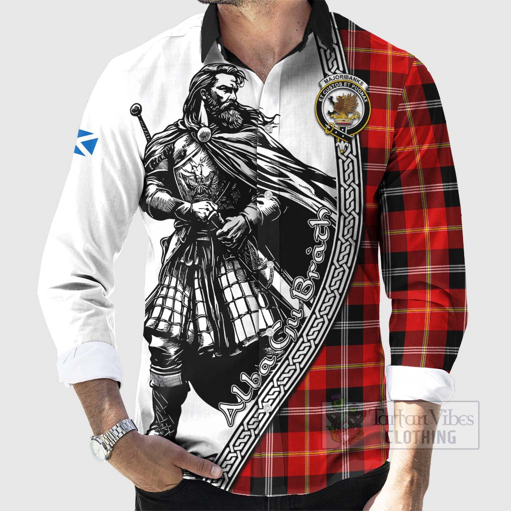 Majoribanks Tartan Clan Crest Long Sleeve Button Shirt with Highlander Warrior Celtic Style - Tartan Vibes Clothing