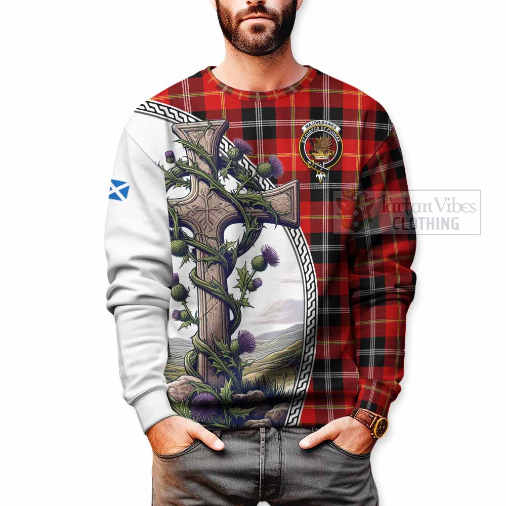 Majoribanks Tartan Sweatshirt with Family Crest and St. Andrew's Cross Accented by Thistle Vines - Tartan Vibes Clothing
