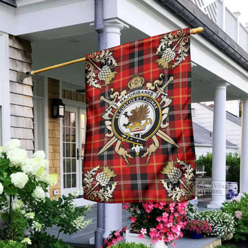 Majoribanks Tartan Garden Flag with Family Crest and Golden Thistle Crossed Sword Design