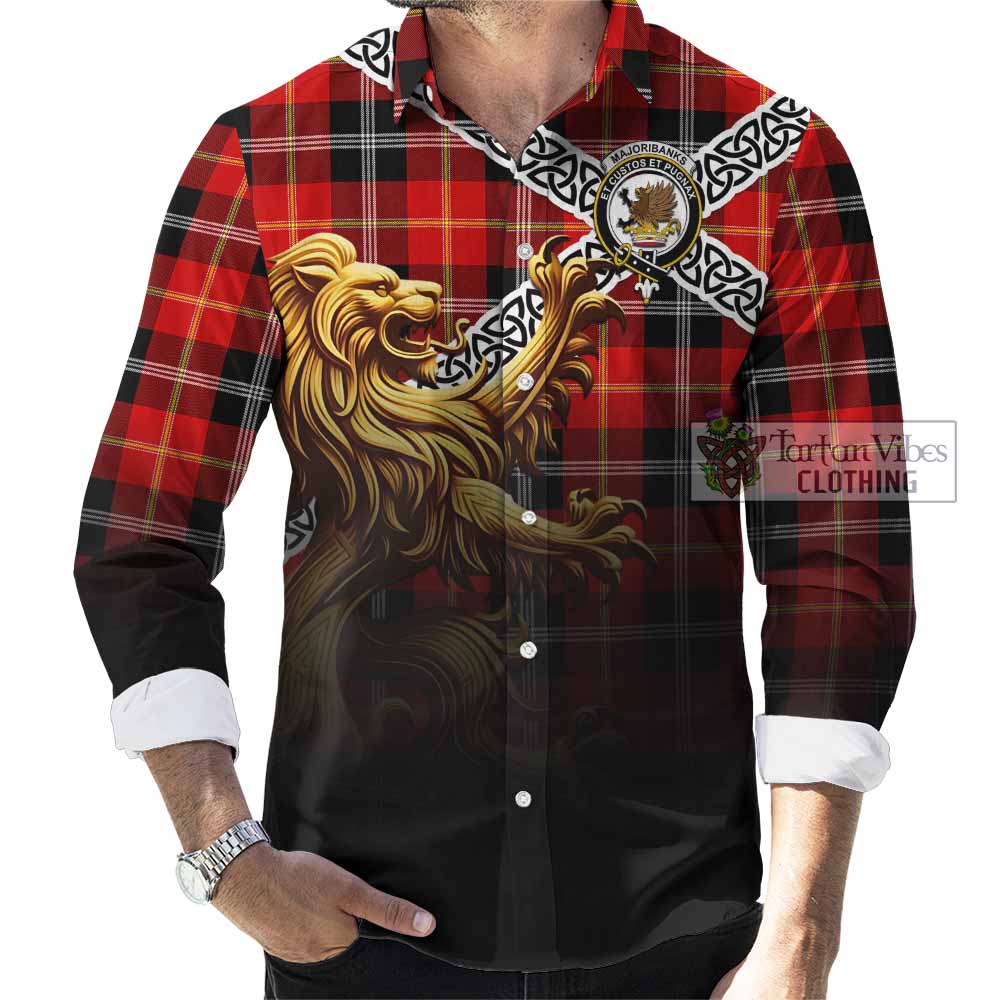 Majoribanks Crest Tartan Long Sleeve Button Shirt with Golden Lion Emblem Celtic Style - Tartan Vibes Clothing