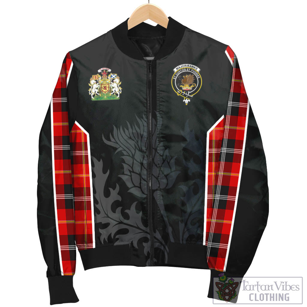 Tartan Vibes Clothing Majoribanks Tartan Bomber Jacket with Family Crest and Scottish Thistle Vibes Sport Style