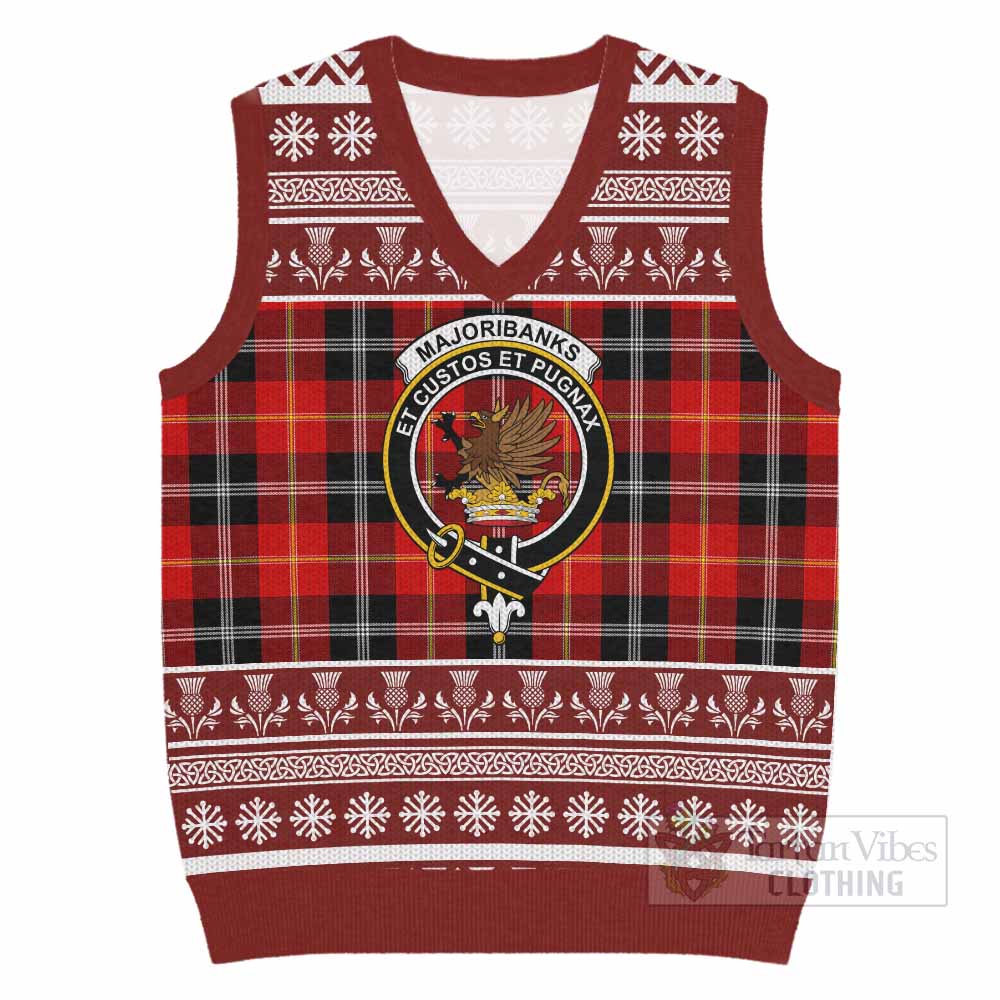 Majoribanks Clan Tartan Christmas Knitted V-Neck Vest with Family Crest - Tartan Vibes Clothing
