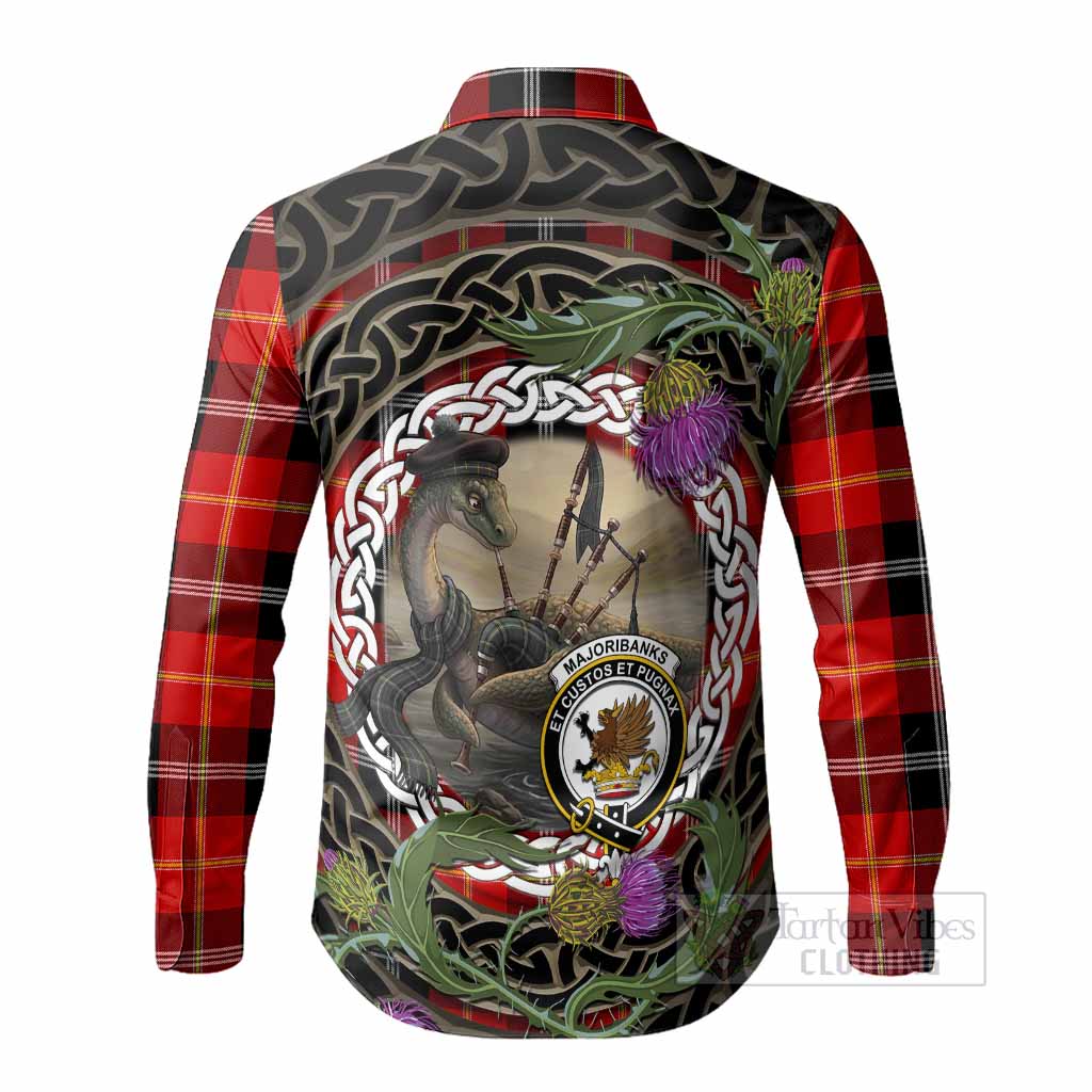 Majoribanks Tartan Crest Bagpipe Nessie Long Sleeve Button Shirts Scottish Loch Ness Monster Celtic Thistle