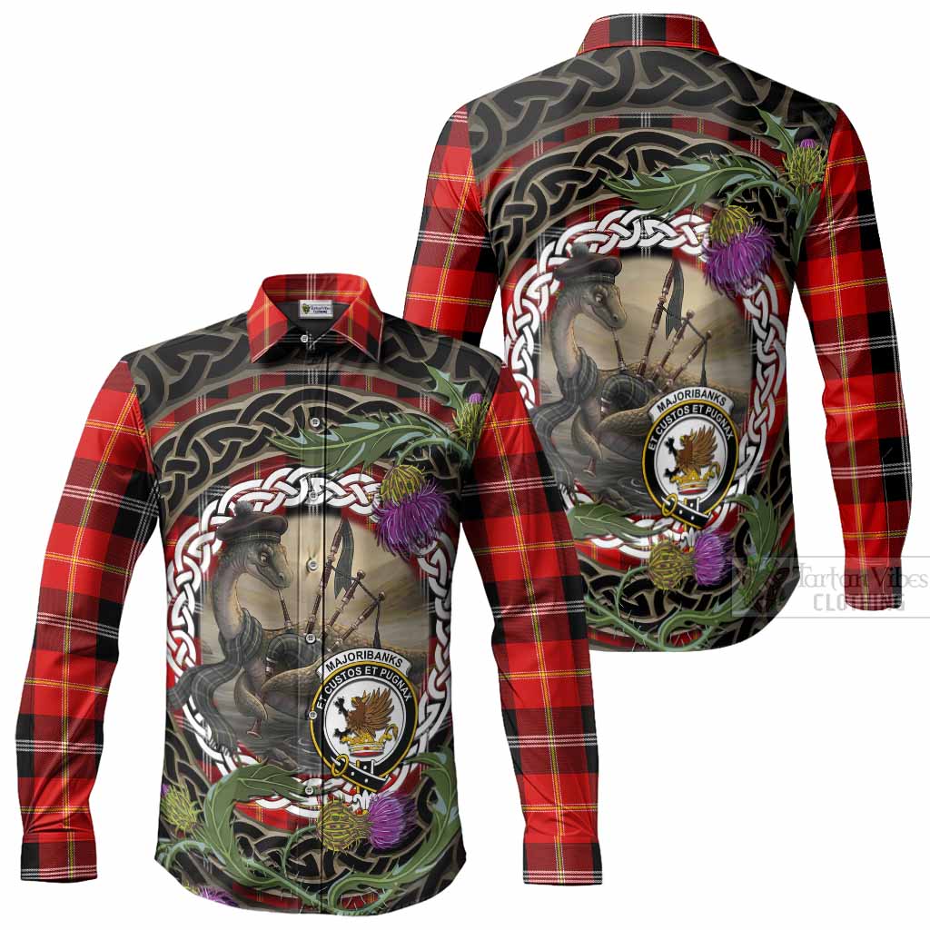 Majoribanks Tartan Crest Bagpipe Nessie Long Sleeve Button Shirts Scottish Loch Ness Monster Celtic Thistle