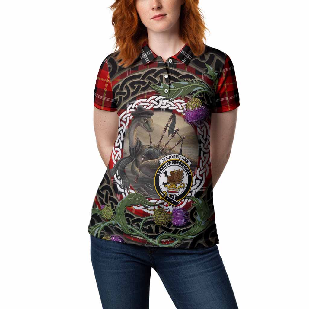 Majoribanks Tartan Crest Bagpipe Nessie Women Polo Shirt Scottish Loch Ness Monster Celtic Thistle