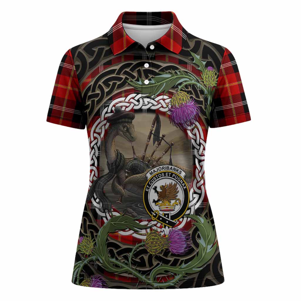 Majoribanks Tartan Crest Bagpipe Nessie Women Polo Shirt Scottish Loch Ness Monster Celtic Thistle