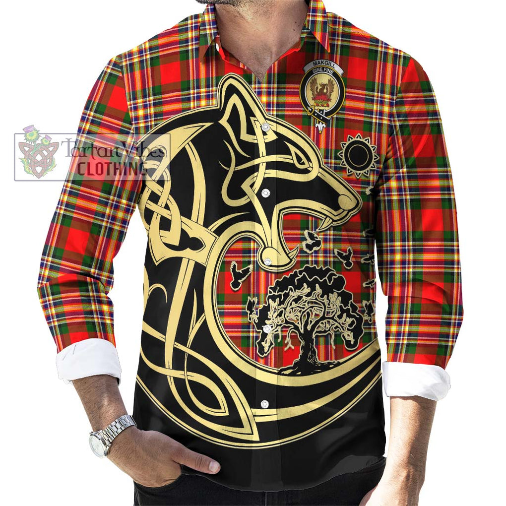 MakGill Modern Tartan Long Sleeve Button Shirt with Family Crest Celtic Wolf Style - Tartan Vibes Clothing