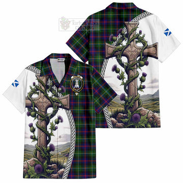 Malcolm Tartan Hawaiian Shirt with Family Crest and St. Andrew's Cross Accented by Thistle Vines