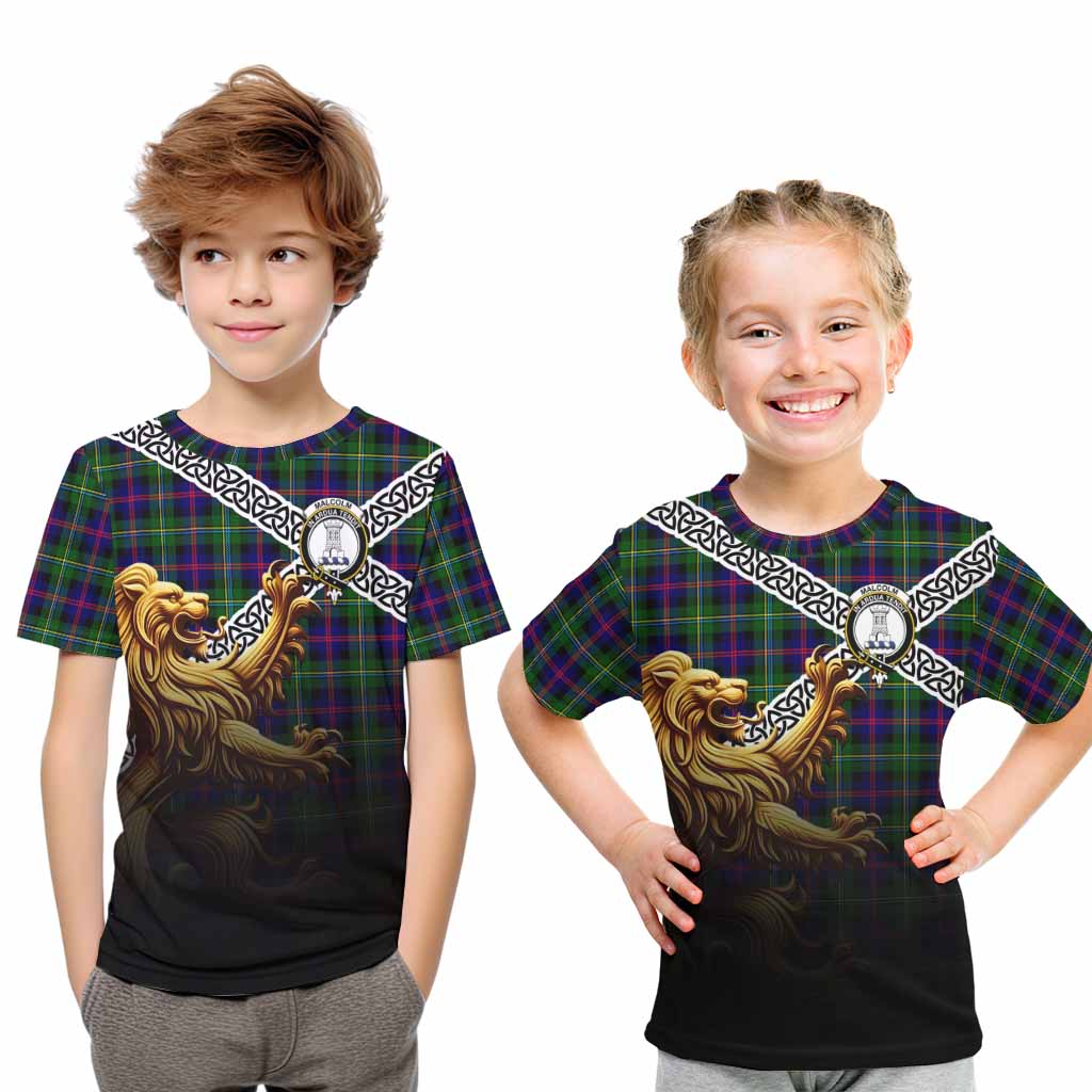 Tartan Vibes Clothing Malcolm Crest Tartan Kid T-Shirt with Golden Lion Emblem Celtic Style