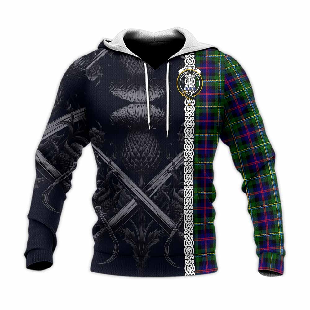 Tartan Vibes Clothing Malcolm Tartan Knitted Hoodie with Family Crest Cross Sword Thistle Celtic Vibes