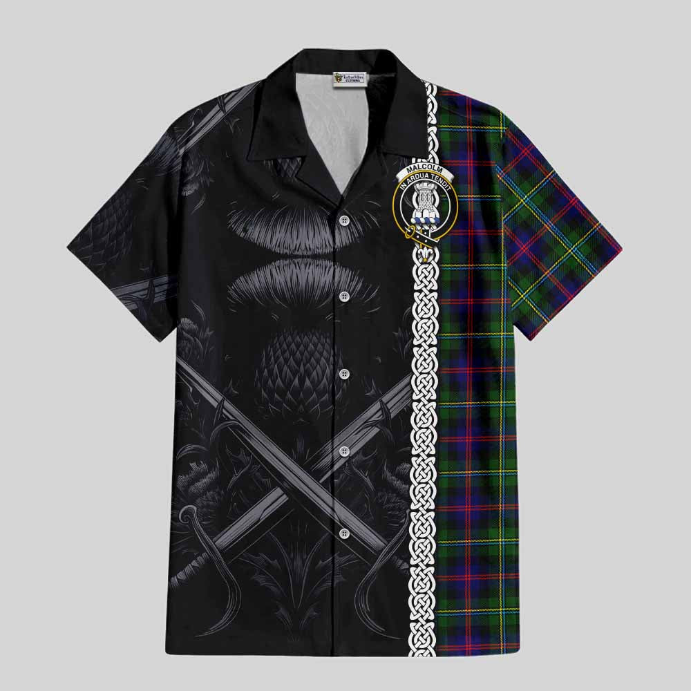 Tartan Vibes Clothing Malcolm Tartan Short Sleeve Button Shirt with Family Crest Cross Sword Thistle Celtic Vibes