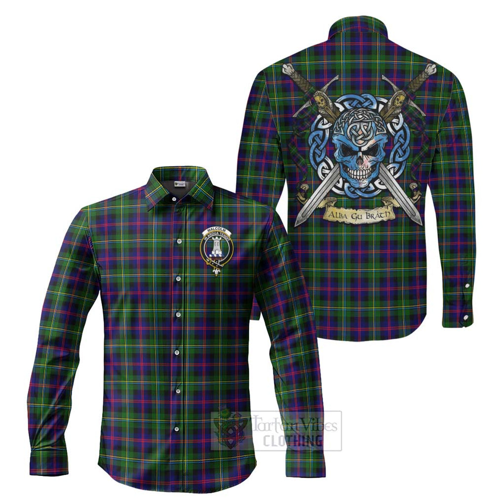 Tartan Vibes Clothing Malcolm Tartan Long Sleeve Button Shirt with Family Crest Celtic Skull Style