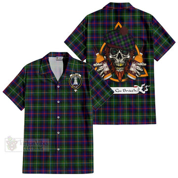 Malcolm Tartan Hawaiian Shirt with Family Crest and Bearded Skull Holding Bottles of Whiskey