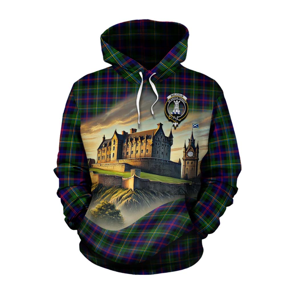 Tartan Vibes Clothing Malcolm Tartan Family Crest Cotton Hoodie with Scottish Ancient Castle Style