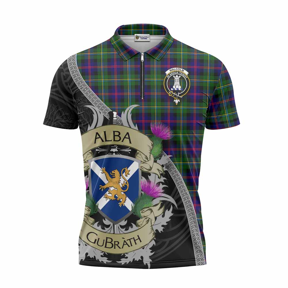 Tartan Vibes Clothing Malcolm Tartan Family Crest Zipper Polo Shirt Lion Rampant Royal Thistle Shield Celtic Inspired