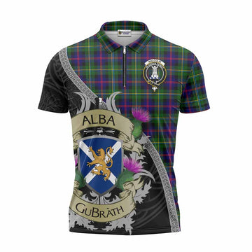Malcolm Tartan Family Crest Zipper Polo Shirt Lion Rampant Royal Thistle Shield Celtic Inspired