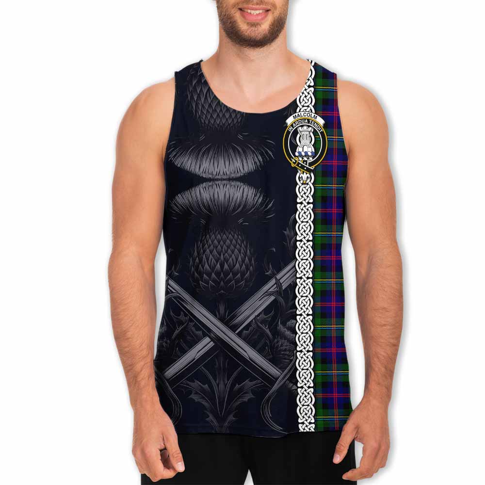 Tartan Vibes Clothing Malcolm Tartan Men's Tank Top with Family Crest Cross Sword Thistle Celtic Vibes