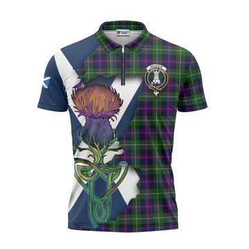 Malcolm Tartan Family Crest Zipper Polo Shirt Scottish Thistle Celtic Inspired