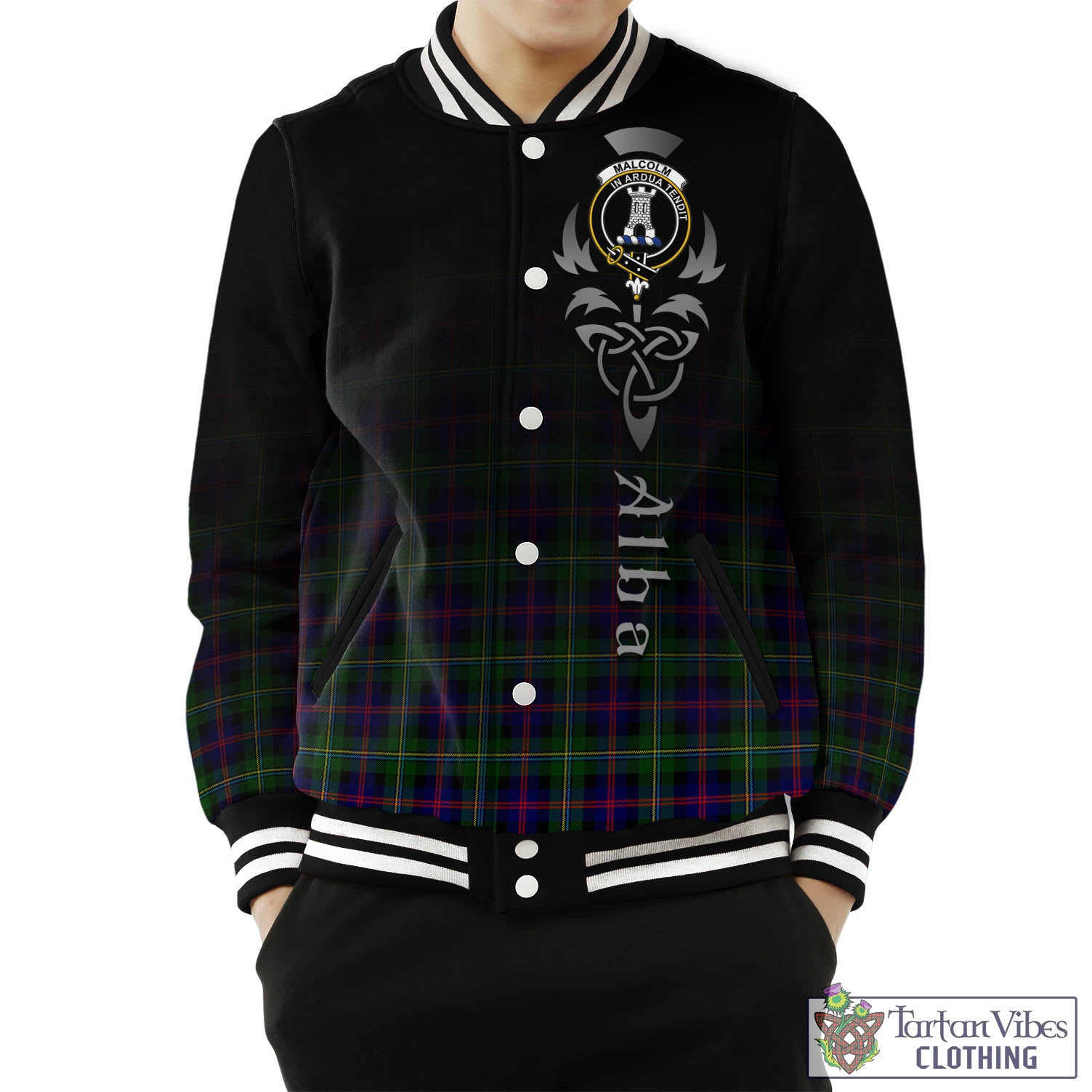 Tartan Vibes Clothing Malcolm Tartan Baseball Jacket Featuring Alba Gu Brath Family Crest Celtic Inspired