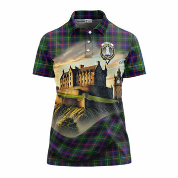 Malcolm Tartan Family Crest Women's Polo Shirt with Scottish Ancient Castle Style
