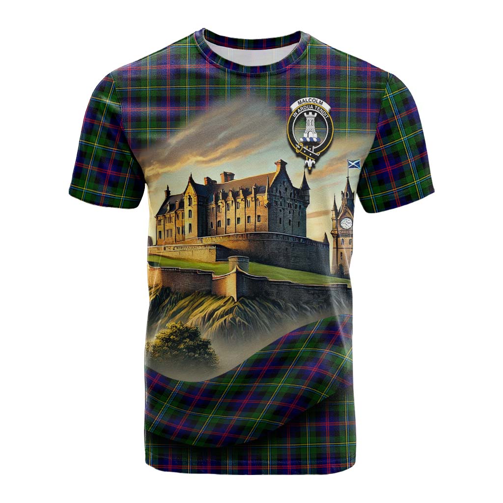 Tartan Vibes Clothing Malcolm Tartan Family Crest Cotton T-shirt with Scottish Ancient Castle Style