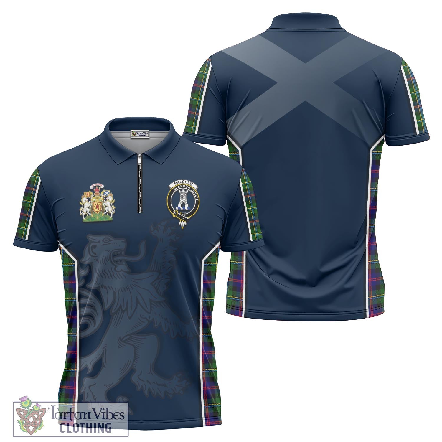 Tartan Vibes Clothing Malcolm Tartan Zipper Polo Shirt with Family Crest and Lion Rampant Vibes Sport Style