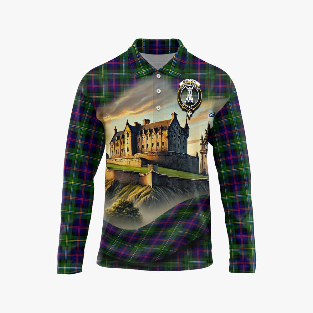 Tartan Vibes Clothing Malcolm Tartan Family Crest Long Sleeve Polo Shirt with Scottish Ancient Castle Style