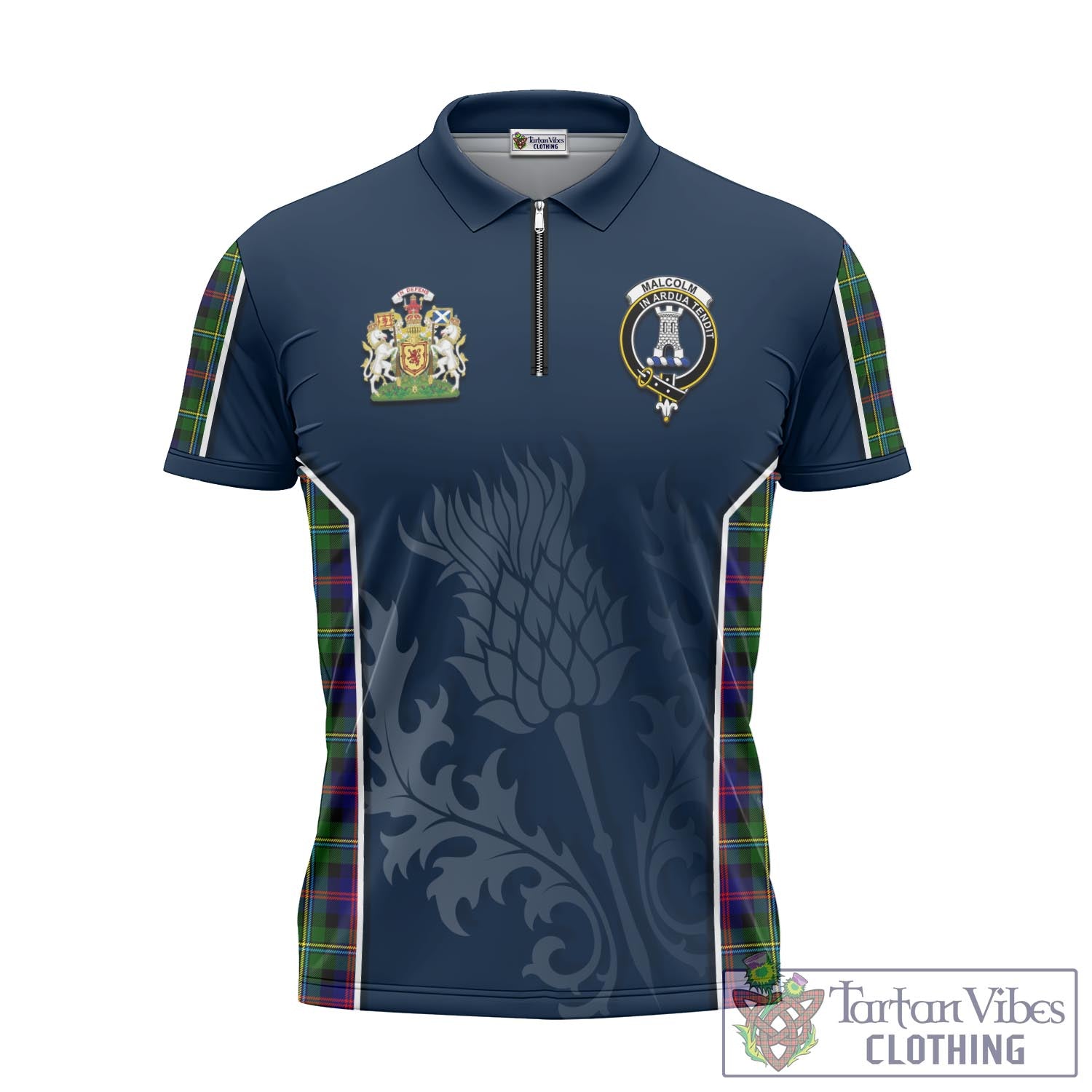 Tartan Vibes Clothing Malcolm Tartan Zipper Polo Shirt with Family Crest and Scottish Thistle Vibes Sport Style