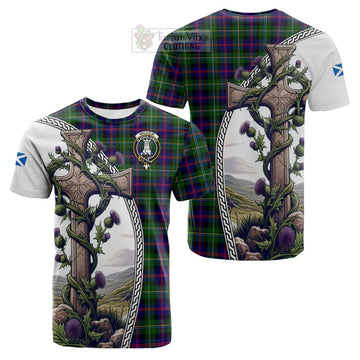 Tartan Vibes Clothing Malcolm Tartan Cotton T-shirt with Family Crest and St. Andrew's Cross Accented by Thistle Vines