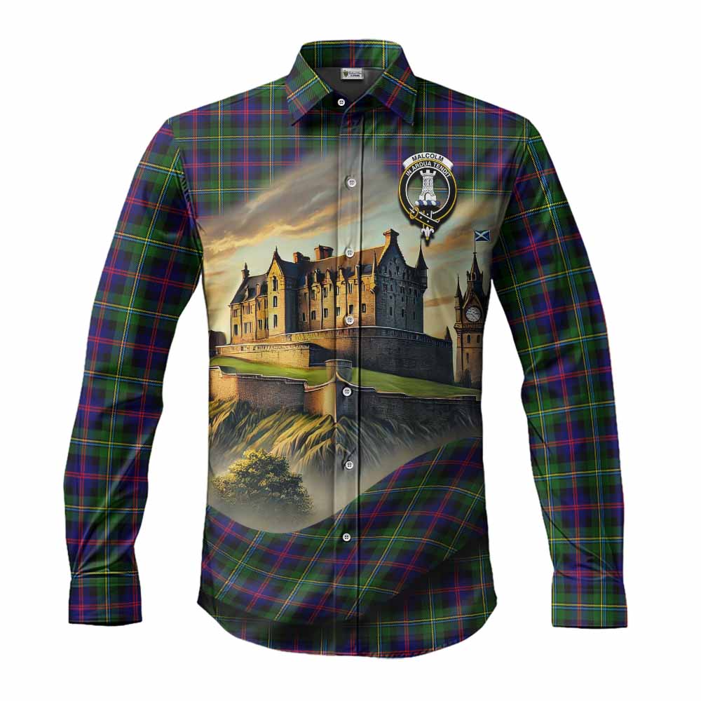 Tartan Vibes Clothing Malcolm Tartan Family Crest Long Sleeve Button Shirt with Scottish Ancient Castle Style