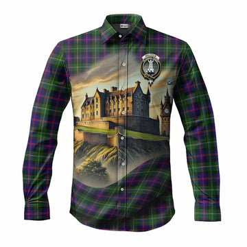 Malcolm Tartan Family Crest Long Sleeve Button Shirt with Scottish Ancient Castle Style