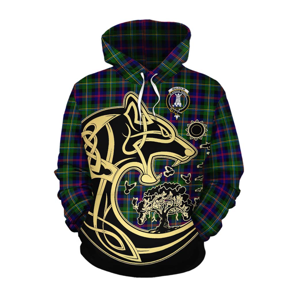 Tartan Vibes Clothing Malcolm Tartan Cotton Hoodie with Family Crest Celtic Wolf Style