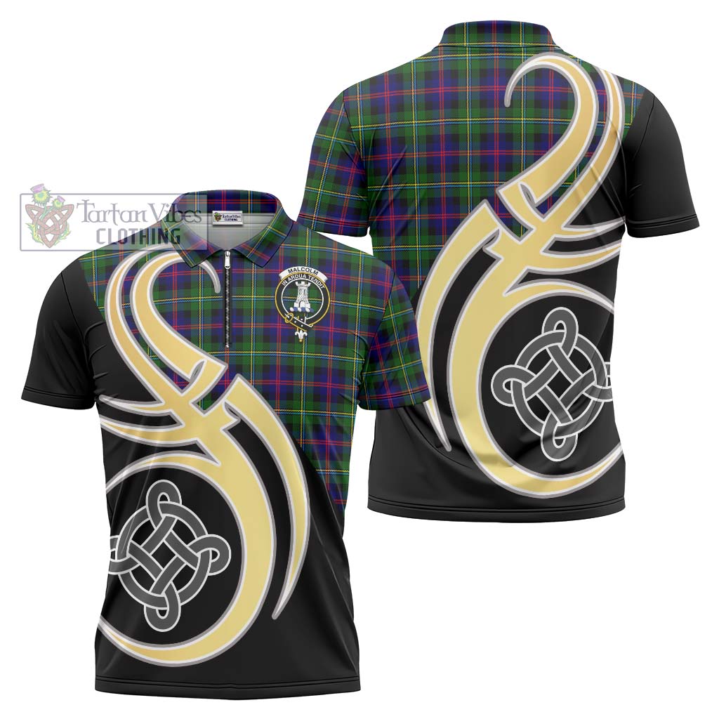 Tartan Vibes Clothing Malcolm Tartan Zipper Polo Shirt with Family Crest and Celtic Symbol Style