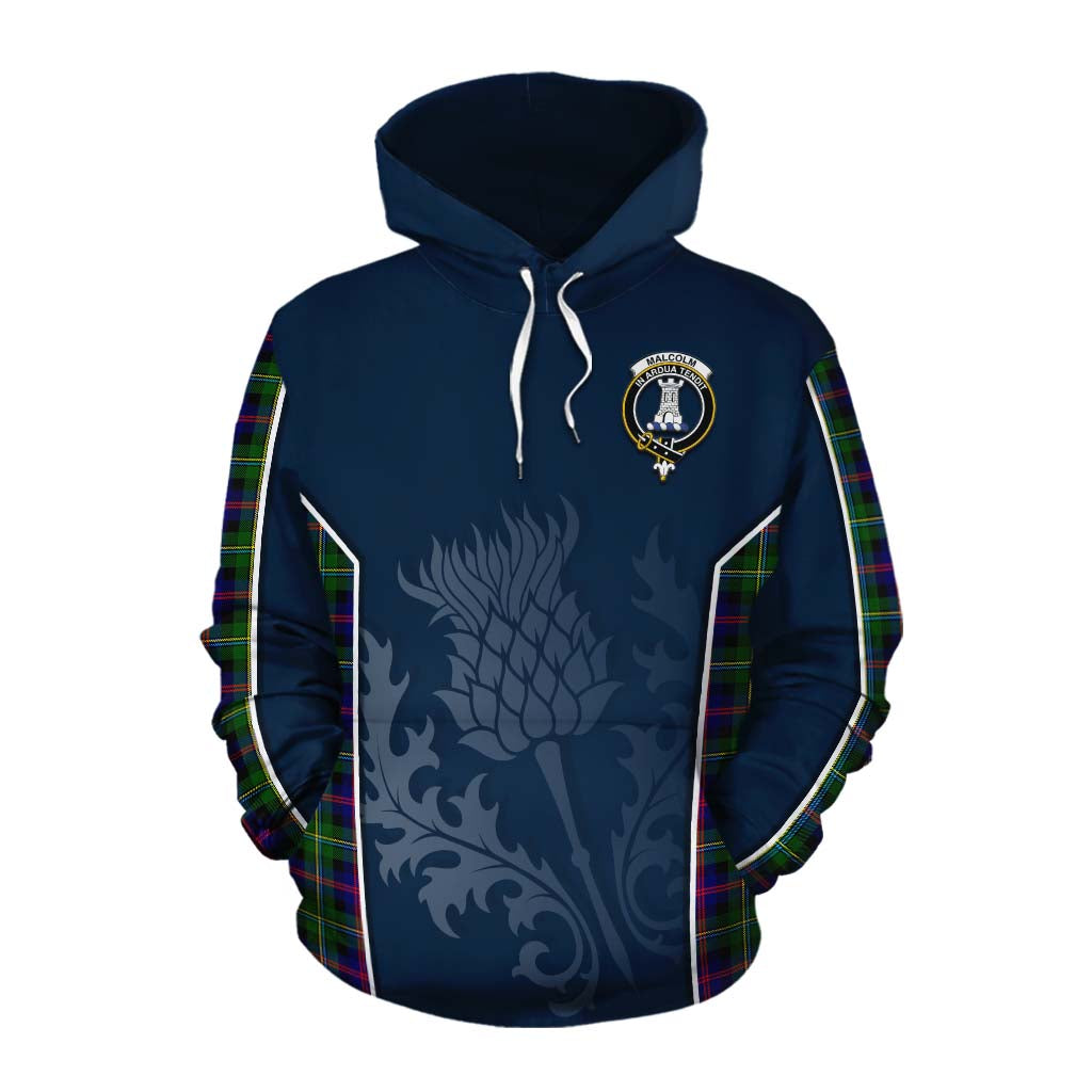Tartan Vibes Clothing Malcolm Tartan Cotton Hoodie with Family Crest and Scottish Thistle Vibes Sport Style