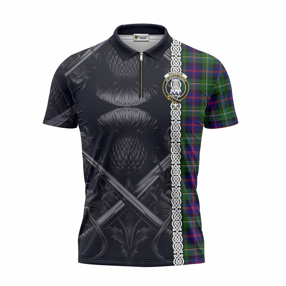Tartan Vibes Clothing Malcolm Tartan Zipper Polo Shirt with Family Crest Cross Sword Thistle Celtic Vibes