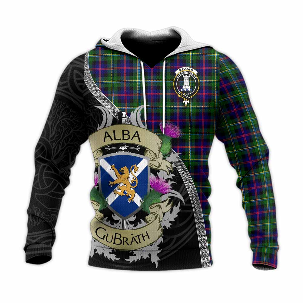 Tartan Vibes Clothing Malcolm Tartan Family Crest Knitted Hoodie Lion Rampant Royal Thistle Shield Celtic Inspired