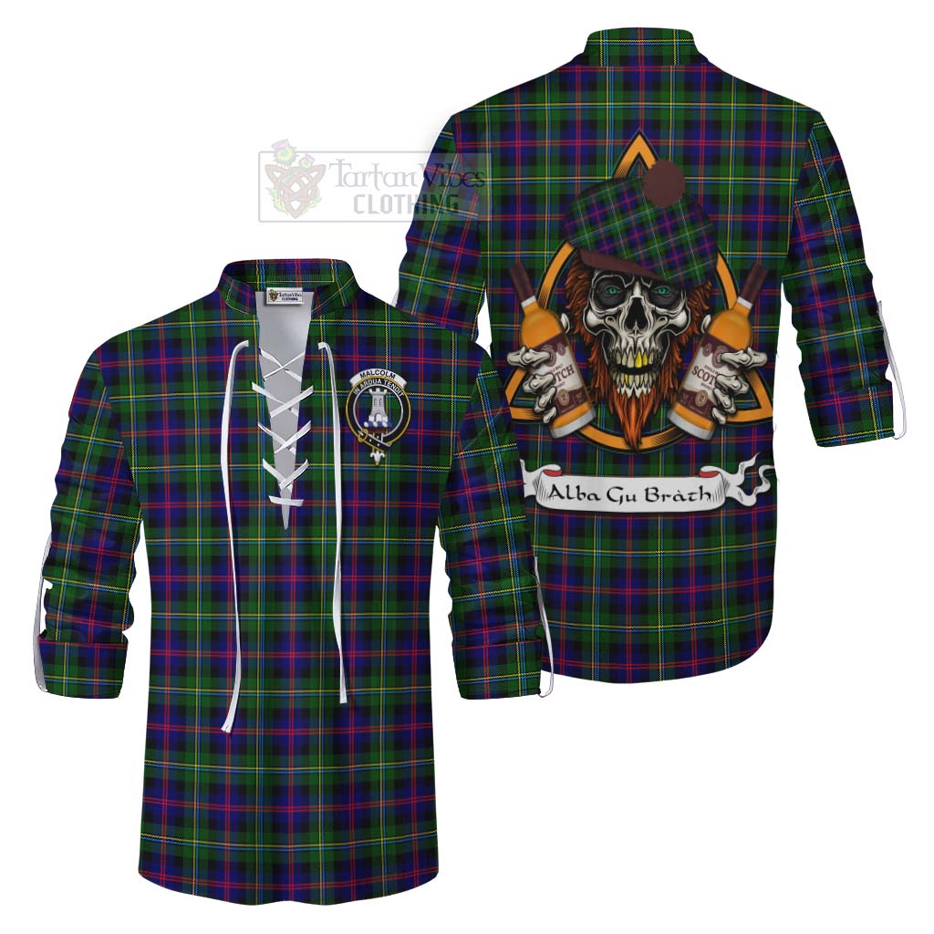 Tartan Vibes Clothing Malcolm Tartan Ghillie Kilt Shirt with Family Crest and Bearded Skull Holding Bottles of Whiskey