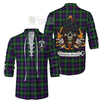 Tartan Vibes Clothing Malcolm Tartan Ghillie Kilt Shirt with Family Crest and Bearded Skull Holding Bottles of Whiskey