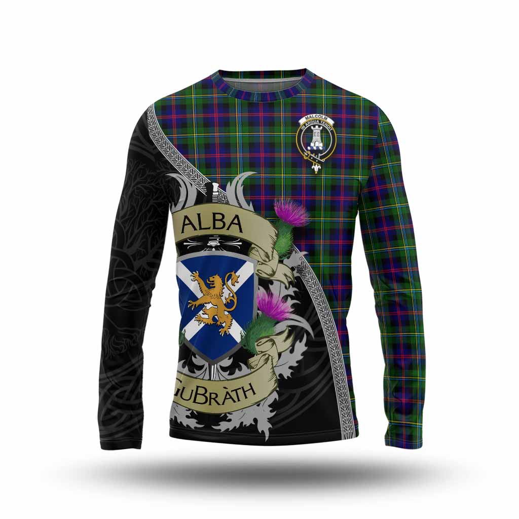 Tartan Vibes Clothing Malcolm Tartan Family Crest Long Sleeve T-Shirt Lion Rampant Royal Thistle Shield Celtic Inspired