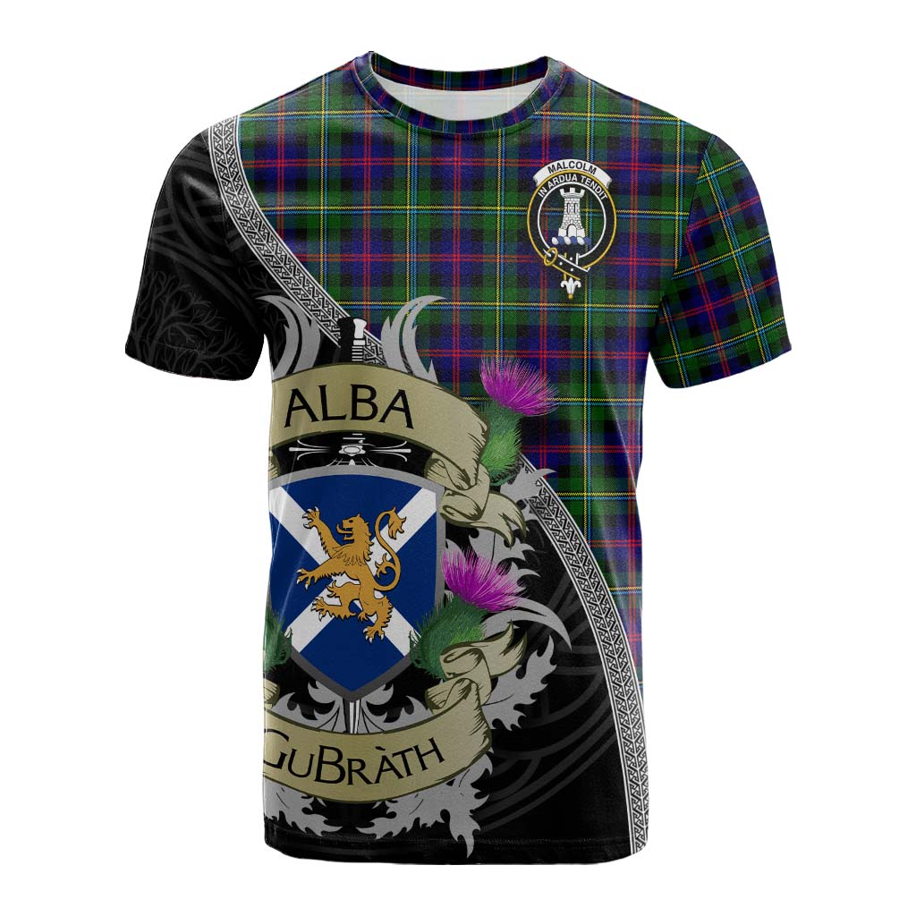 Tartan Vibes Clothing Malcolm Tartan Family Crest Cotton T-shirt Lion Rampant Royal Thistle Shield Celtic Inspired