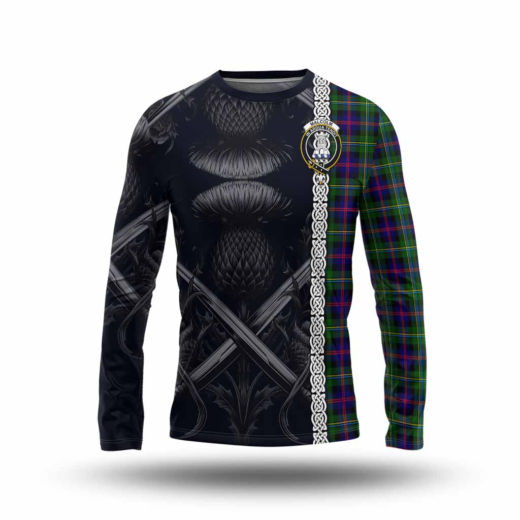 Tartan Vibes Clothing Malcolm Tartan Long Sleeve T-Shirt with Family Crest Cross Sword Thistle Celtic Vibes