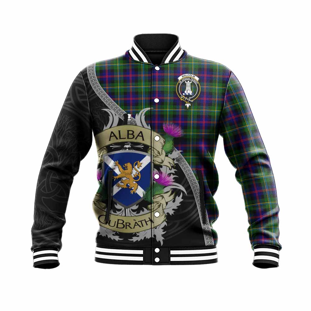 Tartan Vibes Clothing Malcolm Tartan Family Crest Baseball Jacket Lion Rampant Royal Thistle Shield Celtic Inspired